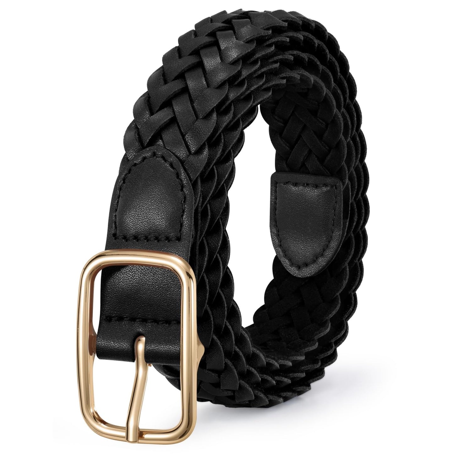 JASGOOD Women Braided Leather Belt Adjustable Plus Size Waist Belt Woven Fashion Casual Belt for Jeans Pants Dresses with Gold Buckle, Black