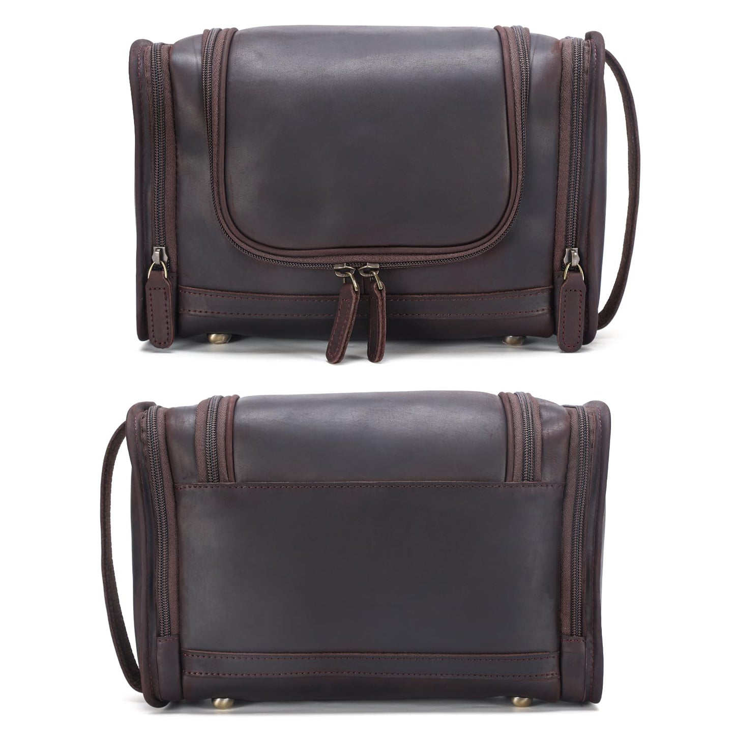 Polare Full Grain Leather Toiletry Bag Travel Dopp Kit Makeup Cosmetic Organizer Shaving Kit Wash Case with Hanging Hook