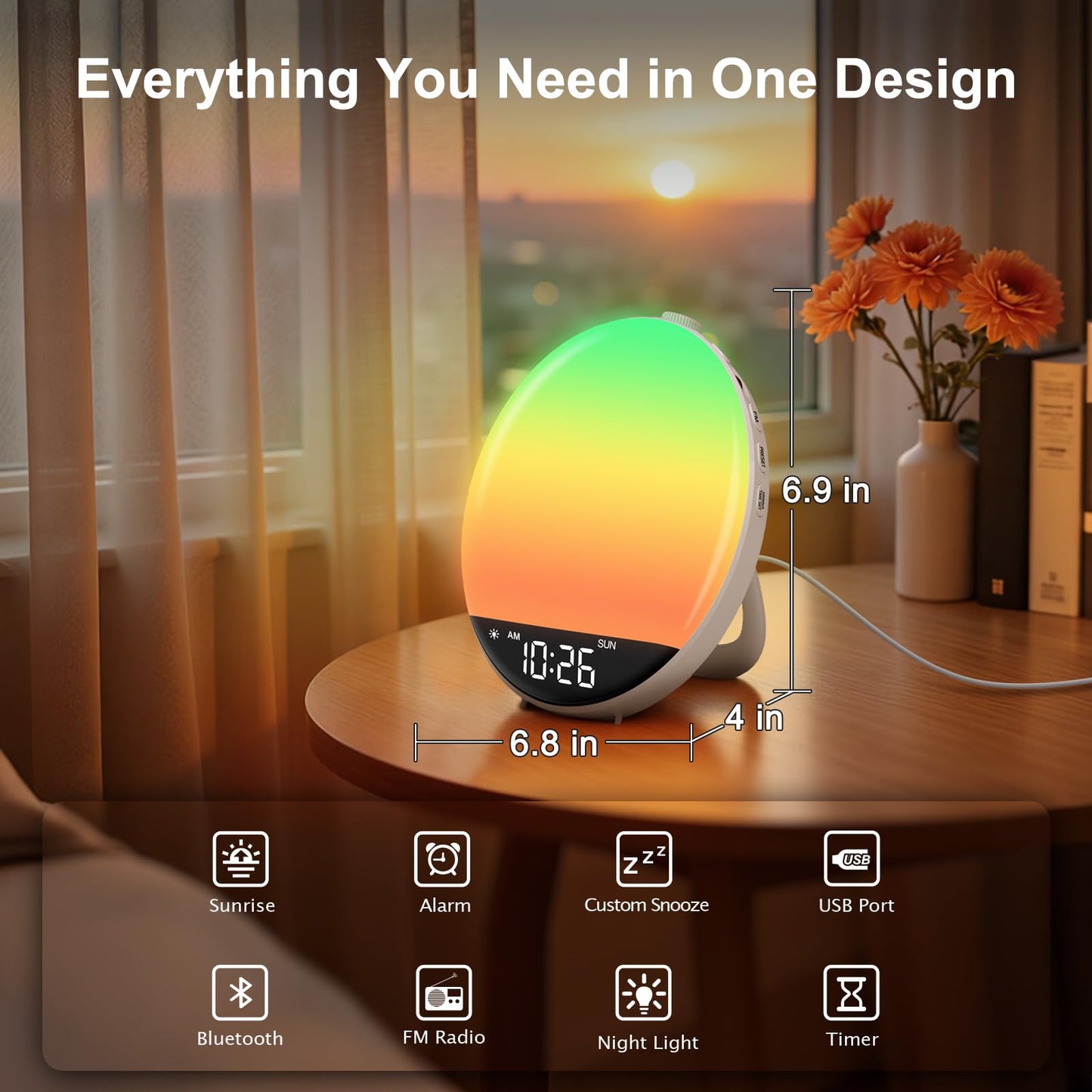 DreamSky Sunrise Alarm Clock Radio for Bedroom - Wake up Light Alarm Clock for Kids Heavy Sleepers Adults, Digital FM Radio with Bluetooth Speaker, Volume Control, Dimmable RGB Night Light, Timer