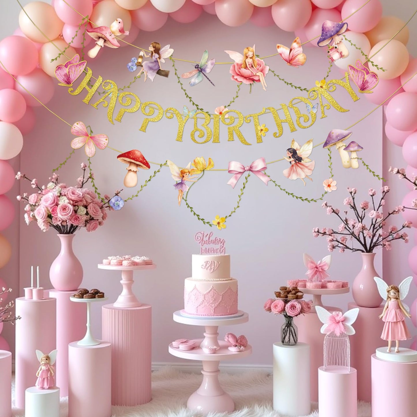 Paper Jazz Fairy Birthday Banner with Butterfly Fairy Party Decorations Mushroom Decor Fabric Vines Paper Garlands Decorations for Birthday,Garden Tea Party,Baby Shower.