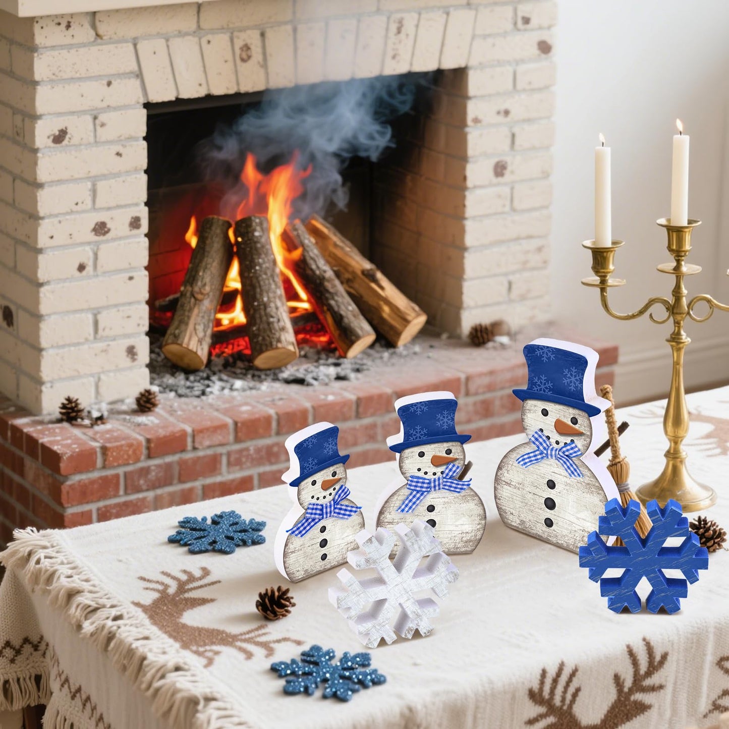 Yousoontic 5 Pcs Winter Table Decor Wooden Snowman Blue and White Snowman Snowflake Tiered Tray Decor Christmas Table Centerpiece Snowflake Signs Winter Decorations for Home Kitchen Office