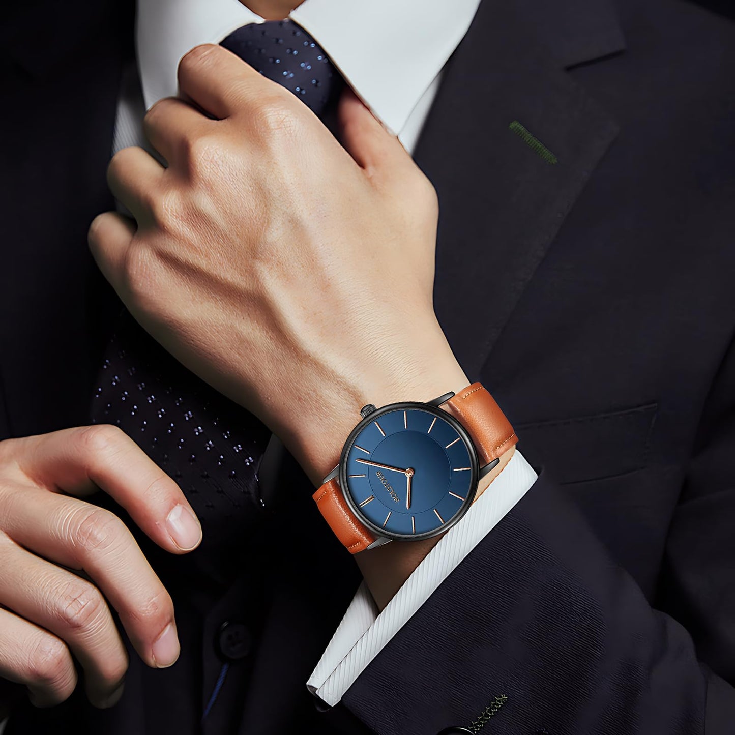 HOLSTOUR Watches for Mens Minimalist Fashion Business Wrist Watch Analog with Brown Leather Strap