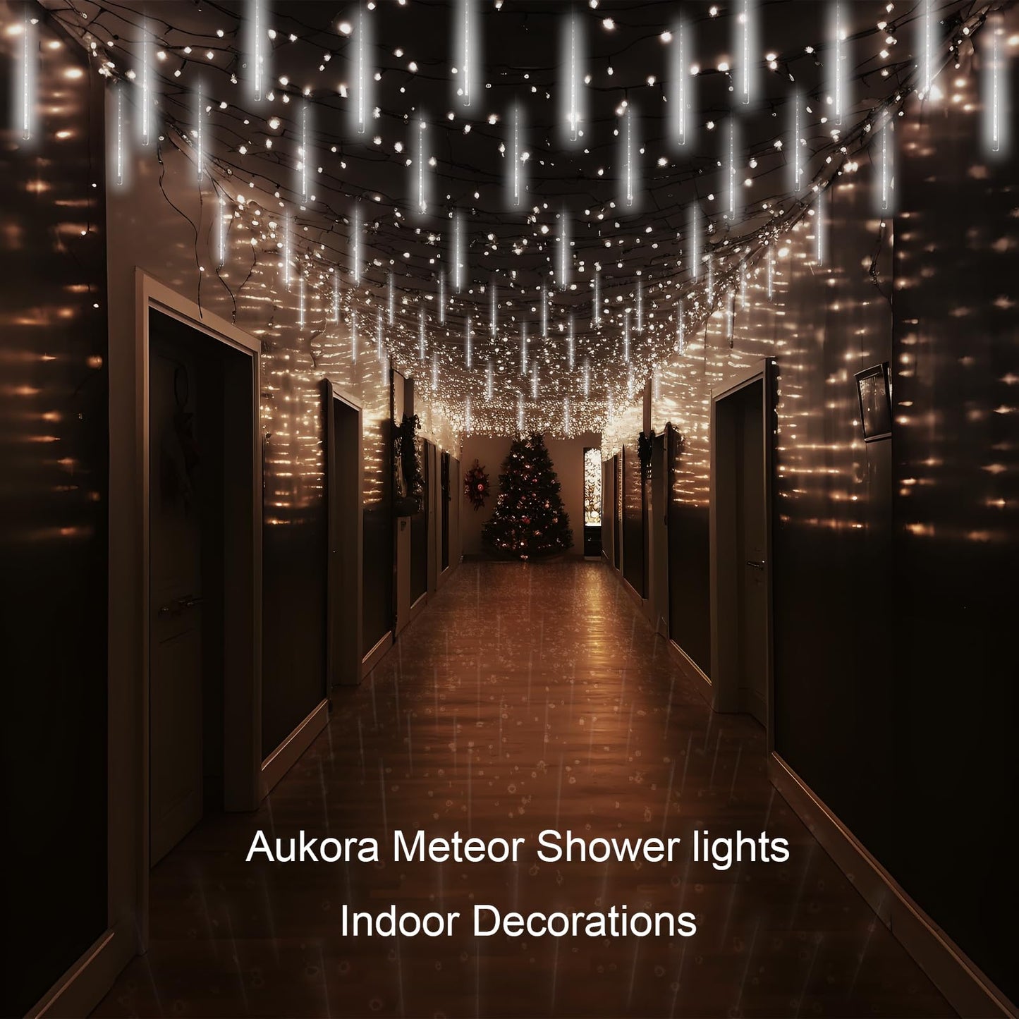 Aukora Christmas Lights Outdoor Meteor Shower Falling Rain Lights 12 inch 8 Tubes 192LED Snowfall Cascading Icicle String Light for Xmas Tree Decor Wedding Party Holiday Window Garden, UL Plug, White