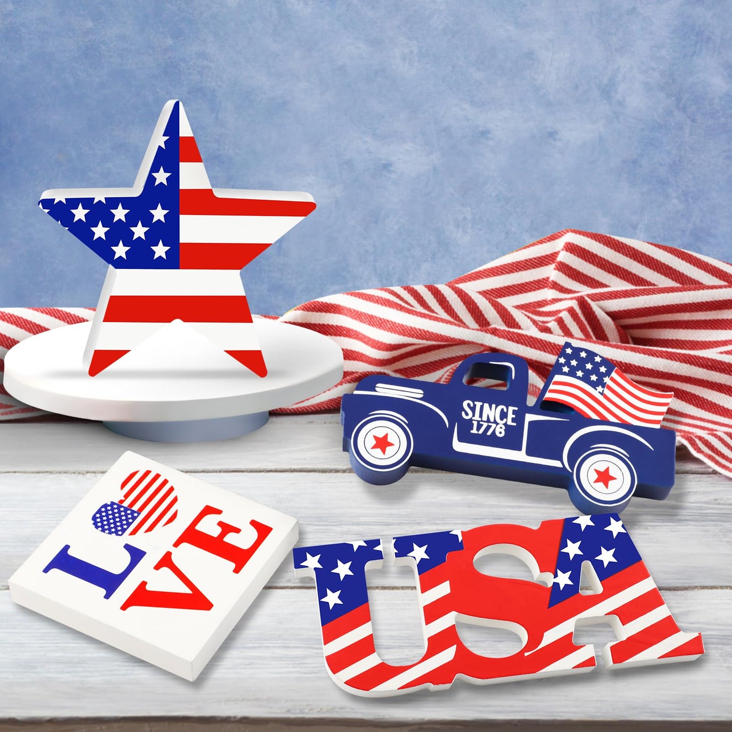 4th of July Decor Patriotic Decorations 4Pcs Wooden Star USA LOVE Car Sign Fourth of July Table Decorations Memorial Day Red White and Blue Decor