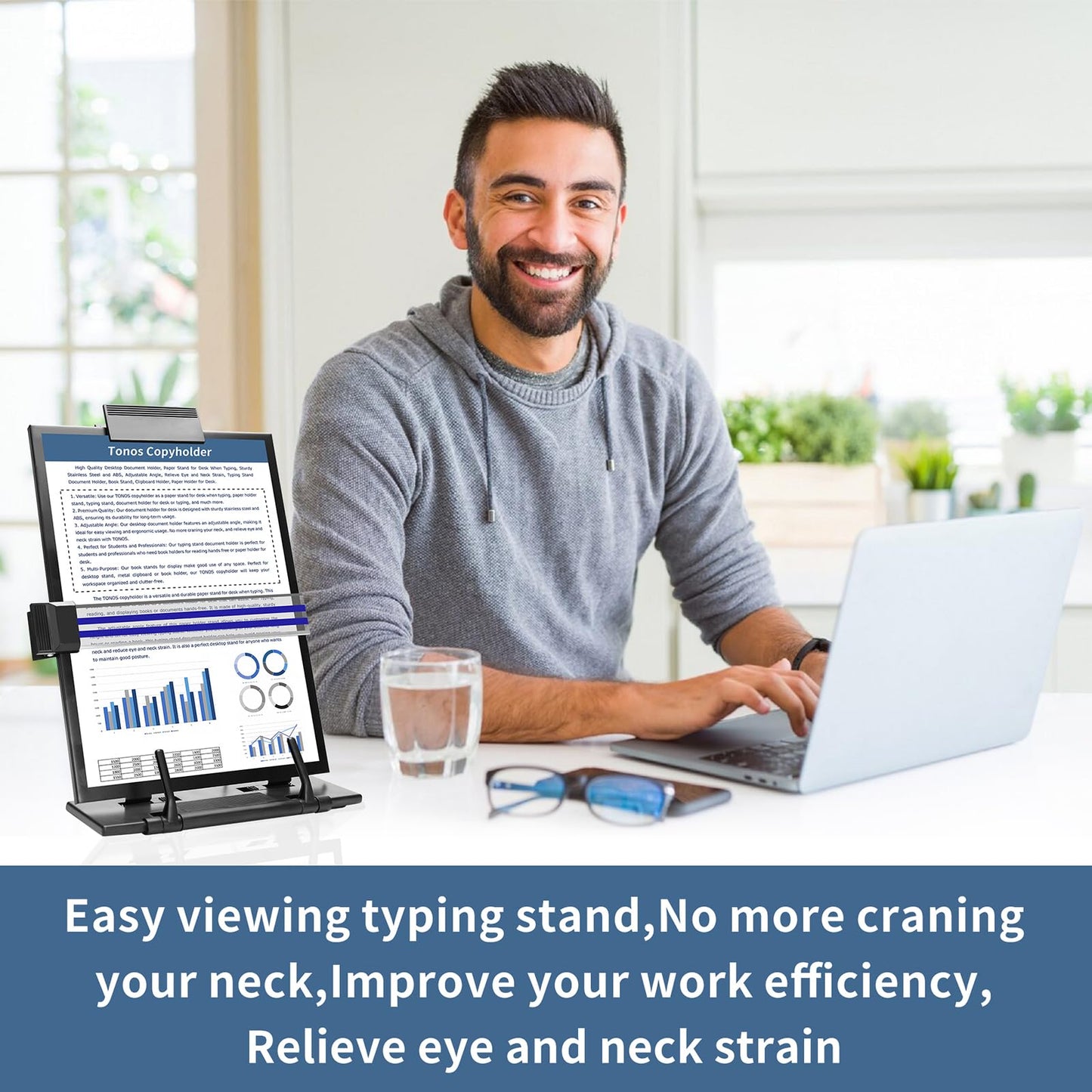TONOS Paper Stand Document Holder - Quality Document Holder for Desk, Paper Stands for Desk When Typing, Sturdy Stainless Steel Copy Holder, Adjustable Angle, Papers Holder Stand for Desk Typing