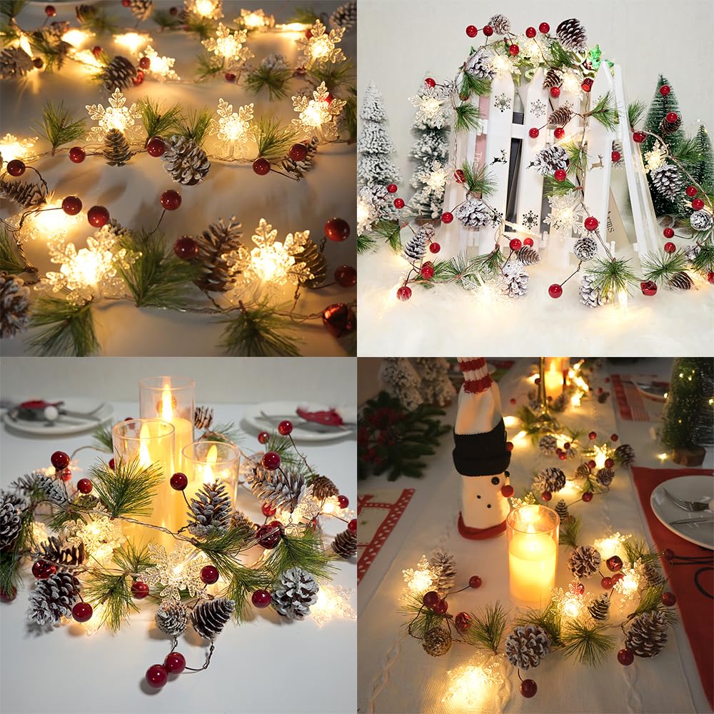 Pine Garland with Lights Christmas Garlands 6.56FT 20 Snow LED Battery Operated Garland with Red Berry and Holiday Pinecones Prelit Lights for Home Windows Fireplace Stairs Christmas Tree Decortions
