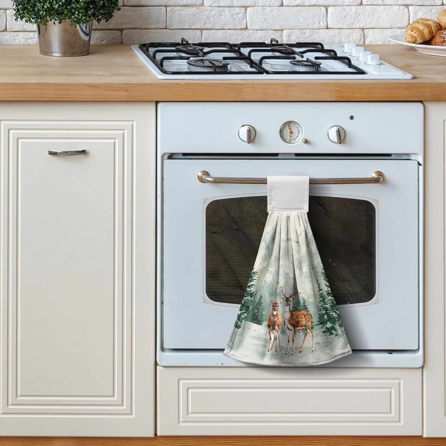Rustic Farmhouse Winter Hanging Hand Towels with Loop - Pine Trees Xmas Deer Kitchen Dish Towels Absorbent Soft Fast Drying Set of 2