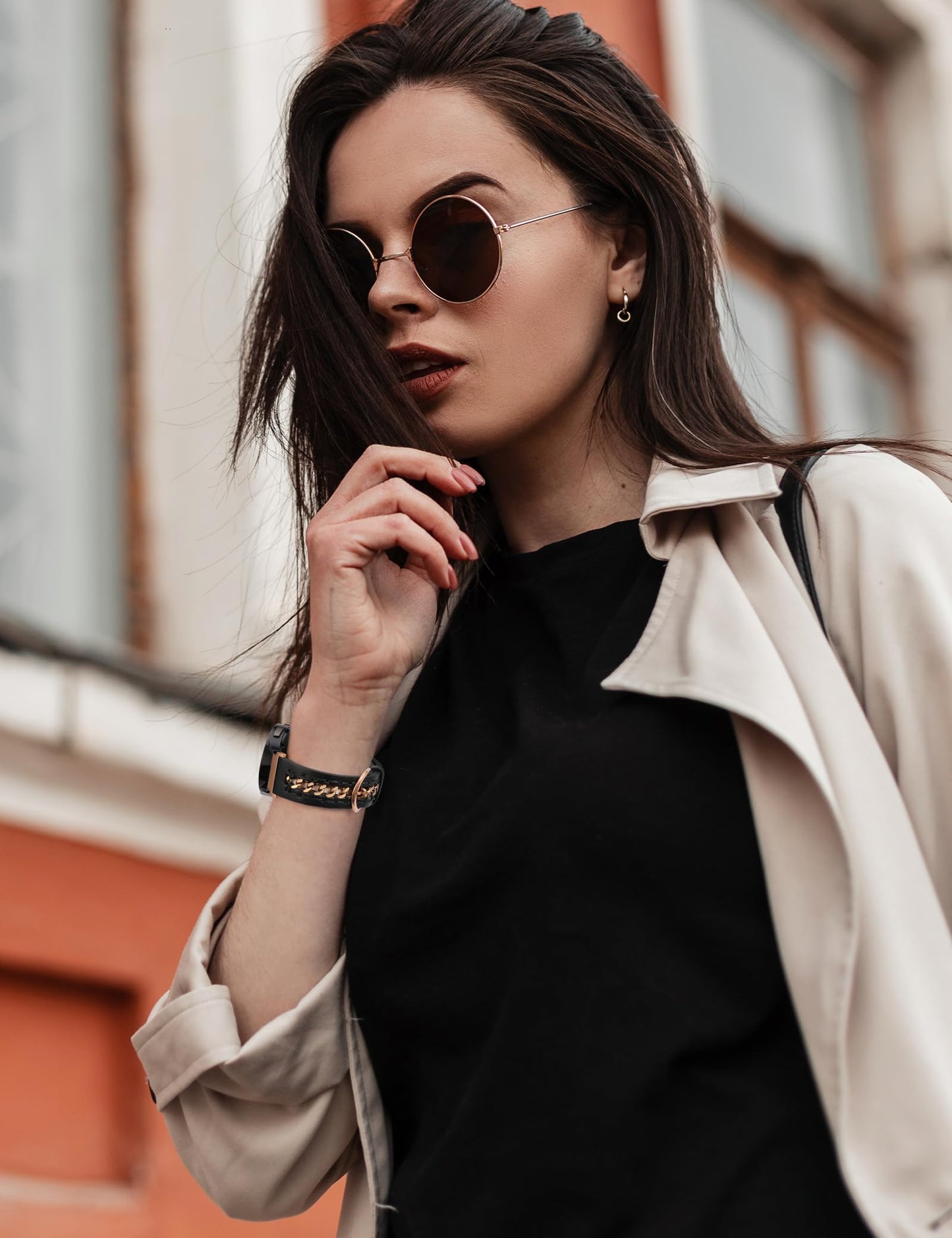 Minyee Leather Band Compatible with Samsung Galaxy Watch 7/6/5/4/FE/Active 2 40mm 44mm/Watch 6 Classic 43mm 47mm/Watch 5 Pro 45mm Bands, 20mm Dressy Leather Strap with Metal Chain, Black/Rose Gold
