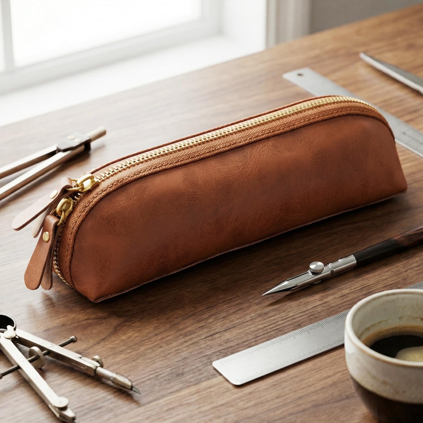 NANRUIL Pencil Case Cover Genuine Leather Pencil Pouch with Zipper Pen Sleeve Bag,Simple Sturdy Pencil Box for Men and Women.Brown
