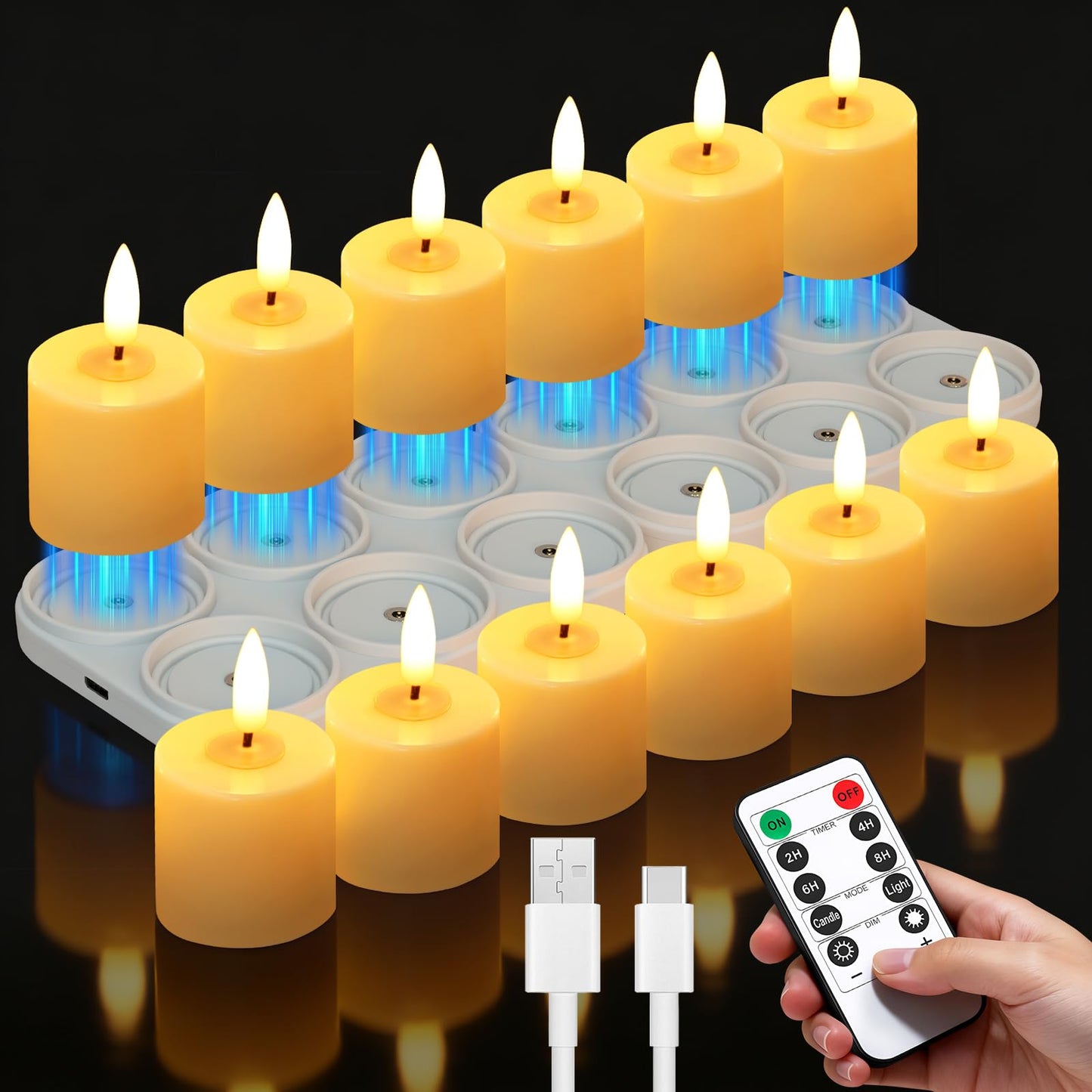SUPERSUN Rechargeable Flameless Candles with Remote Timer & Magnetic Charging Base, 12 Pack LED Tea Lights Candles Battery Operated,Small Votive Candles for Christmas, Halloween, Wedding, Home Decor
