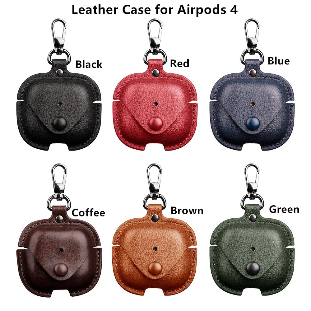 YQGFashbf for Airpods 4 Case Leather with Keychain, Stylish Retro Leather Wireless Charging Protective Headphone Case Cover for Apple Airpods 4th Generation 2024 Front LED Visible (Red)