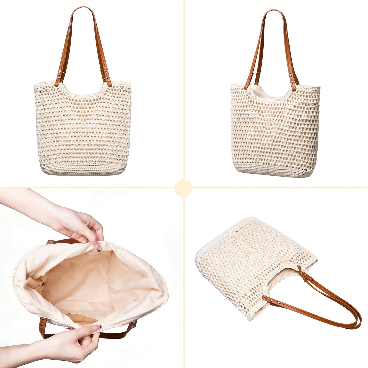 Toptime Crochet Beach Bags for Women, Woven Beach Tote Bag with Zipper & Leak-Proof Lining, Lightweight Boho Shoulder Bags with Leather Handle, Large Capacity Handbags for Summer Vacation Travel