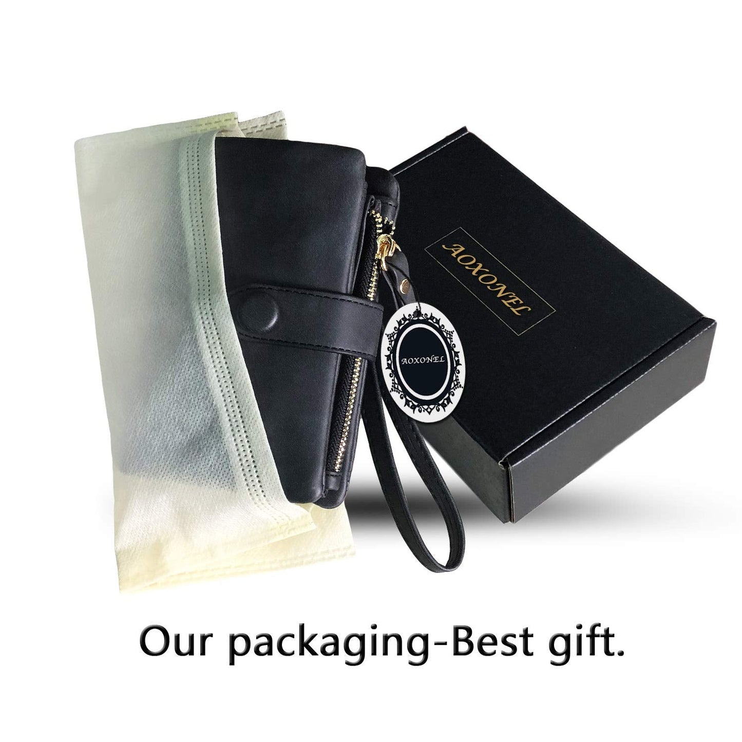 AOXONEL Women's Small Bifold Leather wallet Rfid blocking Ladies Wristlet with Card holder id window Coin Purse (Black)