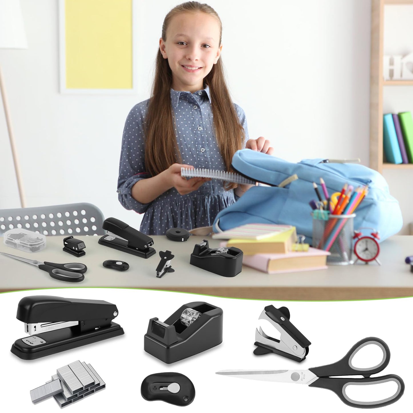 Black Desk Accessory Kit Cute Office Supplies Set Desktop Stapler Set Includes Staple Remover Hole Punch Tape Dispenser Ballpoint Pen Scissor Mini Box Cutter Tape Measure Paper Clips Sticky Notes