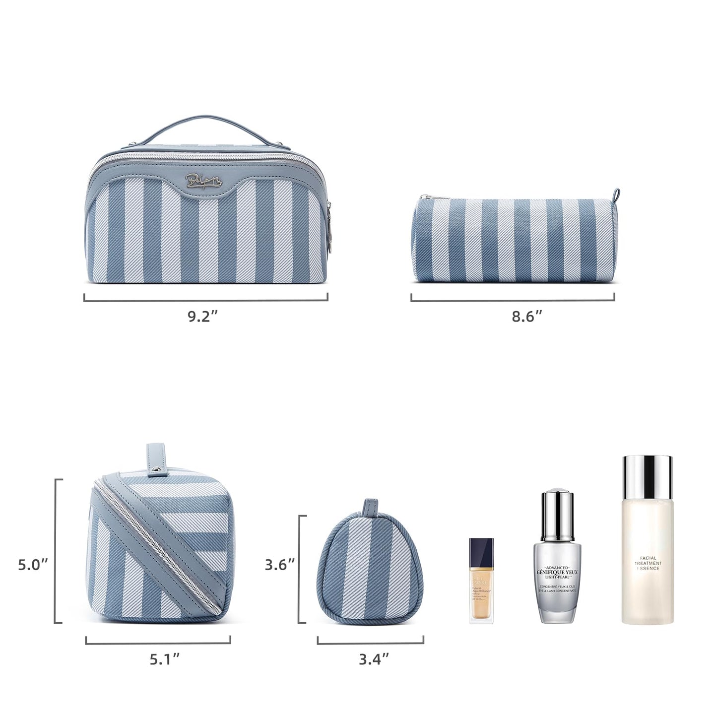 BOYATU Travel Makeup Bag Cosmetic Bag for Women: 3 Pcs Set Striped Make up Bag with Compartments - Waterproof Vegan Leather Toiletry Bags with Handle - Makeup Organizer for Travel Essentials(A-1-Blue)