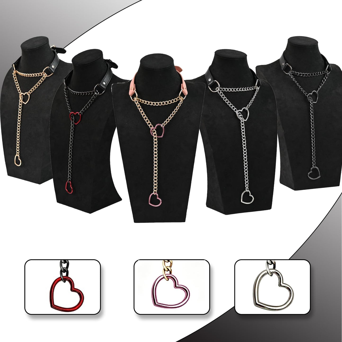 SIROLISA Handmade Black Heart Choker Collar for Women, Punk Gothic Vegan Leather Slip Chain Necklace with Adjustable Buckle, O-Ring Y-Necklace Jewelry for Goth Alternative Aesthetic Costumes