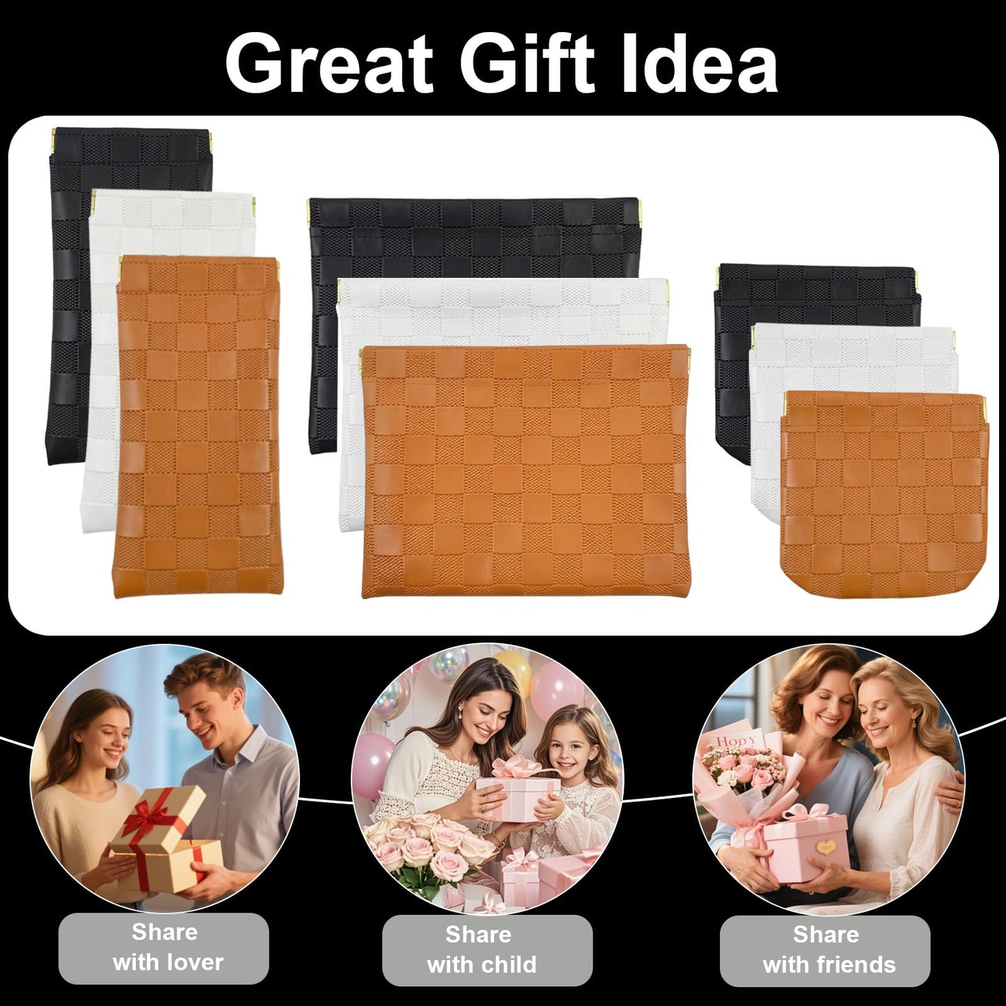 3Pcs Small Makeup Bag for Purse, Waterproof Portable Checkered Leather Makeup Pouch, Small Purse Pouches for Purse Small Coin Purse Organizer Pouches Snap Closure Pocket Cosmetic Bag for Women (Black)