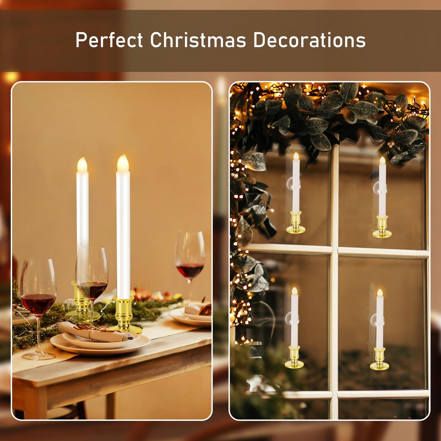Qmioti 12 Pack Christmas Window Candles, Battery Operated Window Candles with Timer Remote, LED Window Candle with Candle Holders Suction Cups for Christmas Decorations, Gold