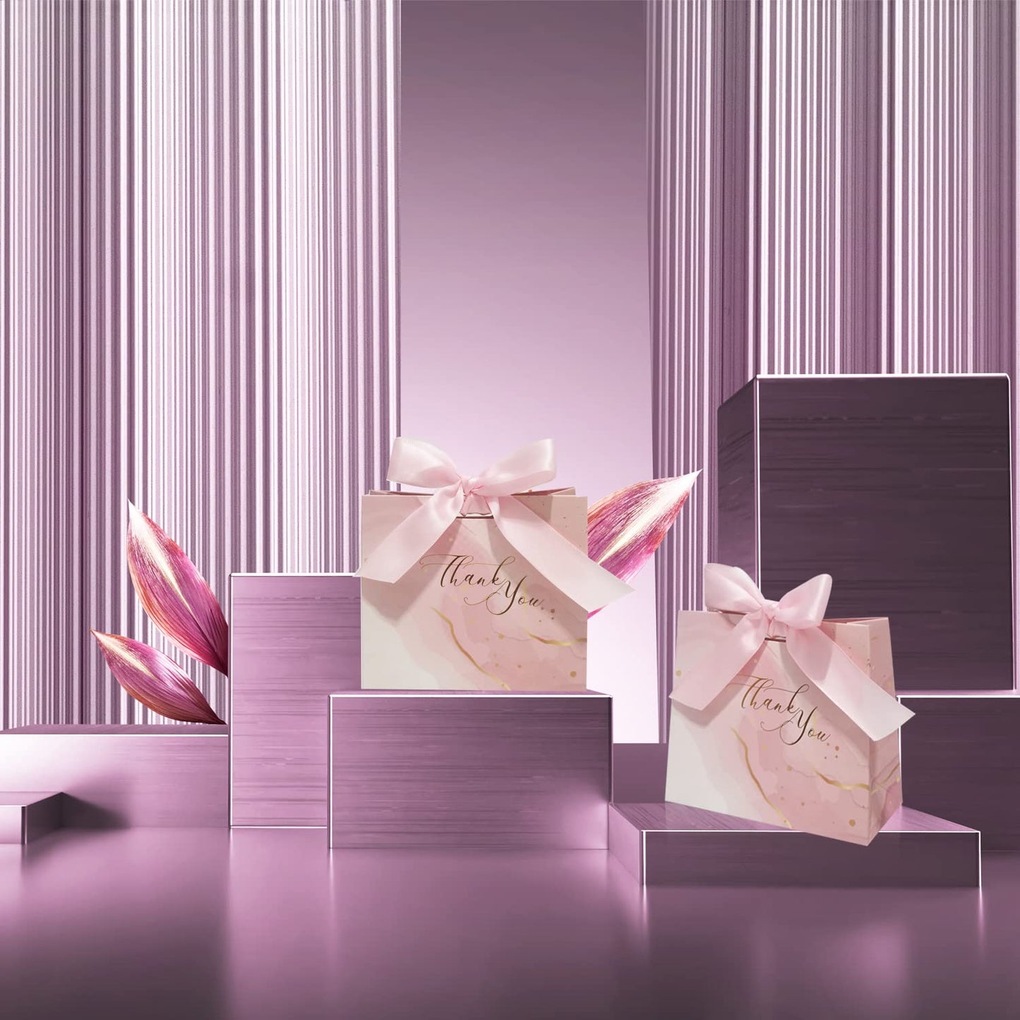 DECHISY 30Pack Small Thank You Gift Bags,Marble Pattern Party Favor Pink Bags with Pink Bow Ribbon,4.5x1.8x3.9Inches,Paper Bags for Birthday Wedding Bridesmaid Holiday Valentines Day (Pink)