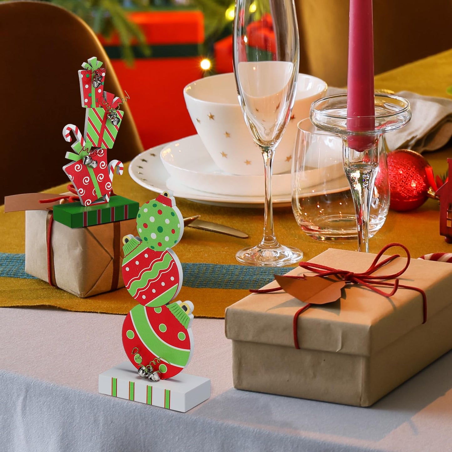 Amyhill 2 Pcs Christmas Table Decorations 5.9 Inch Wooden Xmas Centerpieces Red Green Gifts Box and Ball Ornaments Shape Christmas Signs Tabletop with Bells for Table Shelf Fireplace Holiday