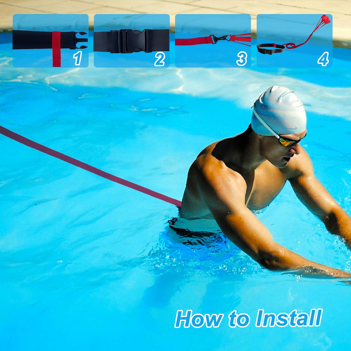 Swimming Training Set - Aquatic Resistance Belt, Parachute & Pool Harness Trainer - Stationary Swim Exercise Set - Accessory