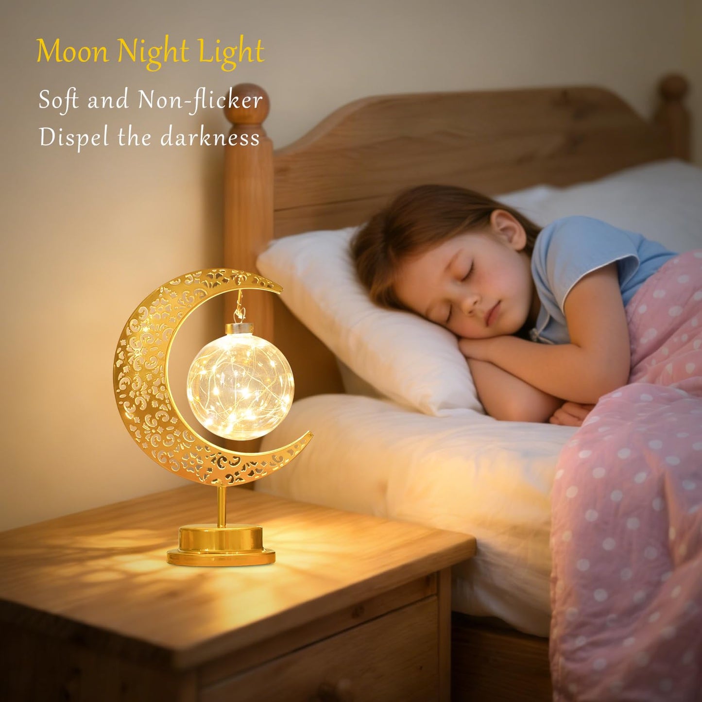 Moon Lamp with Hanging Globe, Decorative Crescent Moon Table Lamp Battery Powered, Retro Metal Islamic Decor LED Night Light for Bedroom Living Room, Gift for Women Birthday Christmas Boho Home Decor