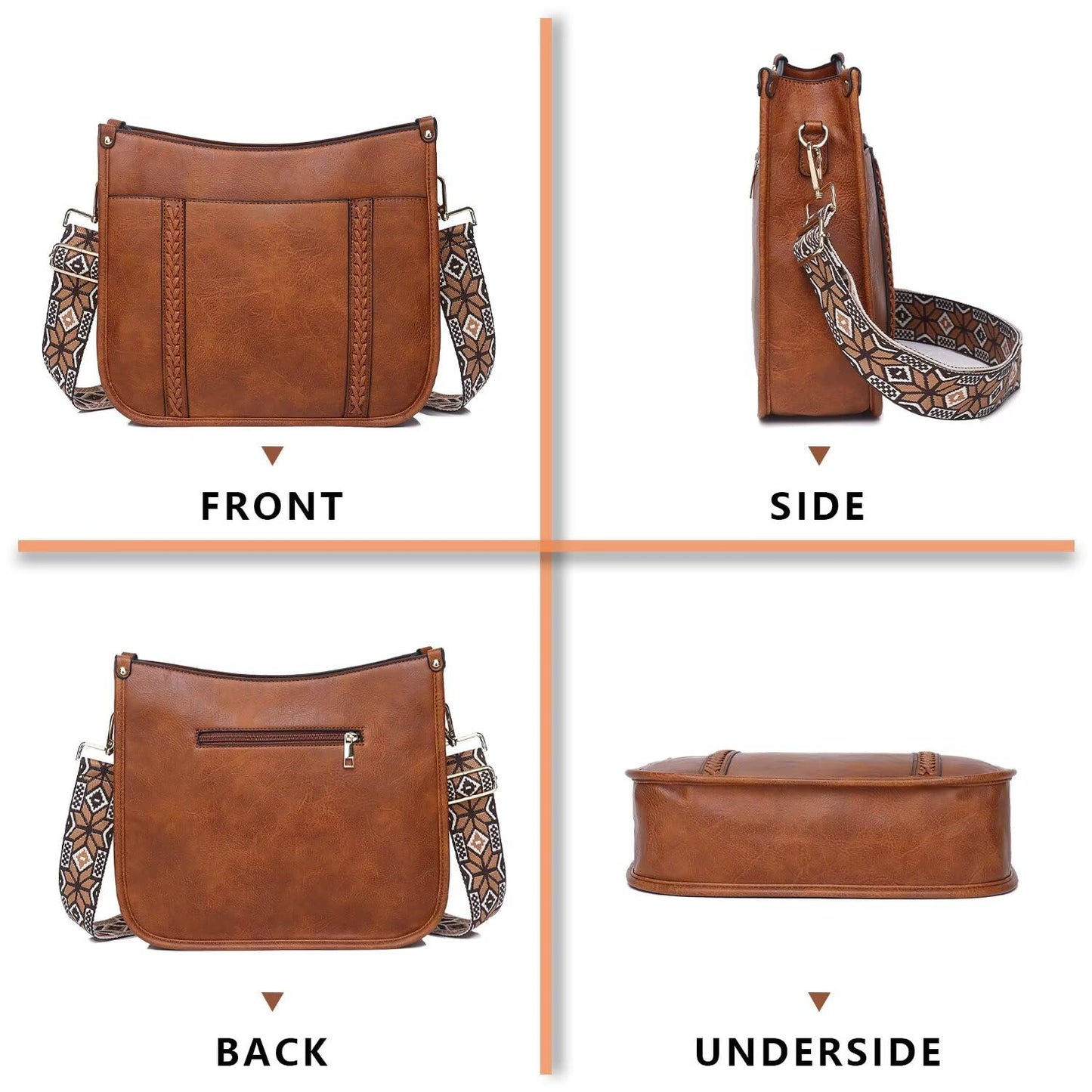 AUYOCO Vegan Leather Crossbody Bags for Women, Crossbody Purse with Guitar Strap Zipped Pockets Handbag Shoulder Bag