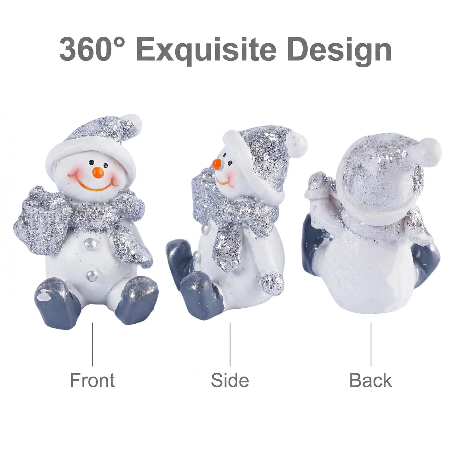 Brizoria Snowman Decor Christmas Decorations Indoor Sitting Resin Figurines Set of 2 Silver Glitter Finish with Gift Box and Lantern Winter Tabletop Mantel Shelf Holiday Display