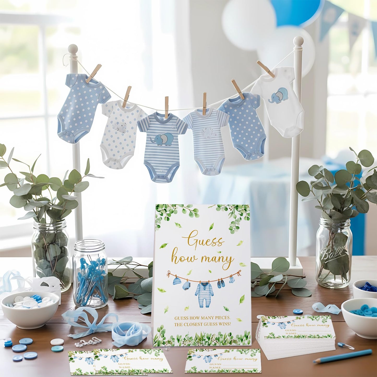 Lerheedi Blue Clothes Guess How Many Baby Shower Game Pack of 1 Tabletop Sign with Stand and 50 How Many Cards, Eucalyptus Gender Reveal Party Game Decorations
