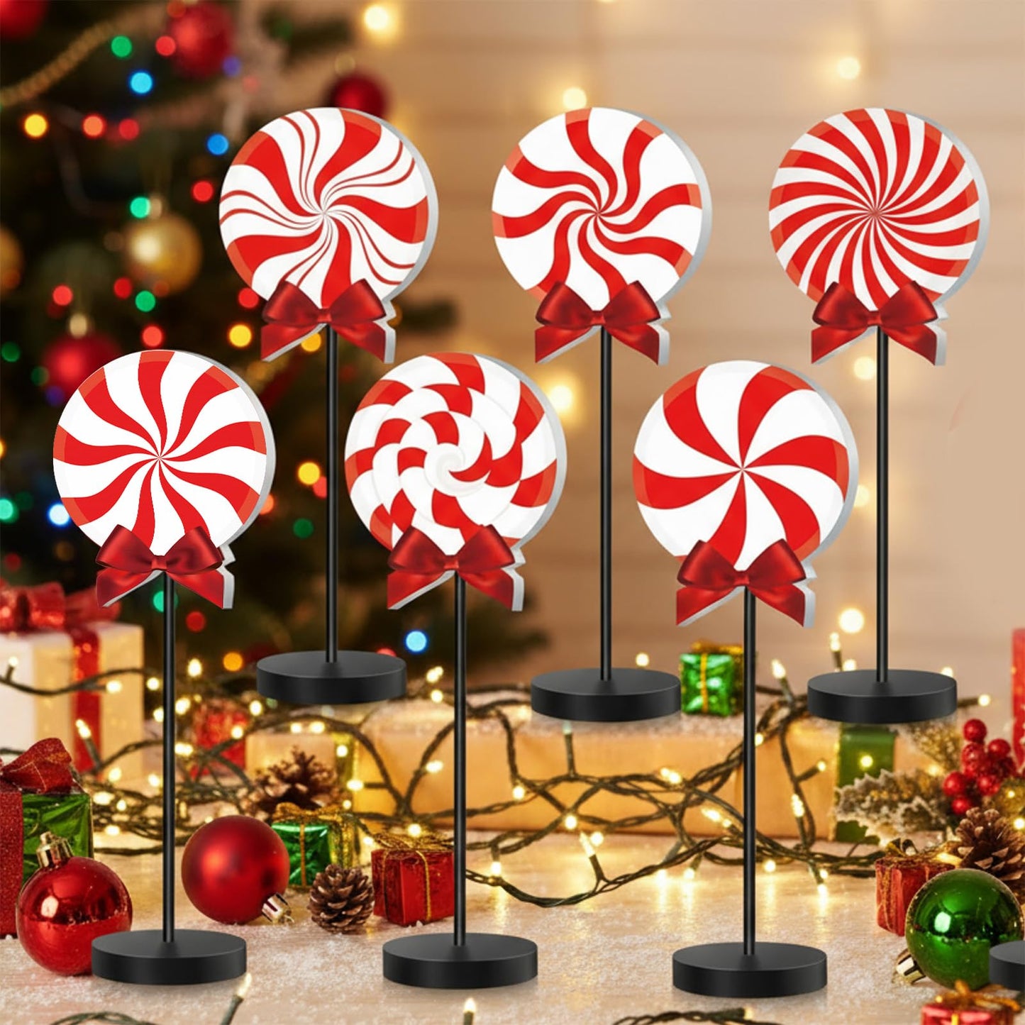 Geetery 6 Pcs Christmas Table Decorations Wood Candy Set Red Christmas Tiered Tray Decor Peppermint Tables Signs Home Decorations for Xmas Holiday Kitchen Table Top Decor(Red White,Classic)