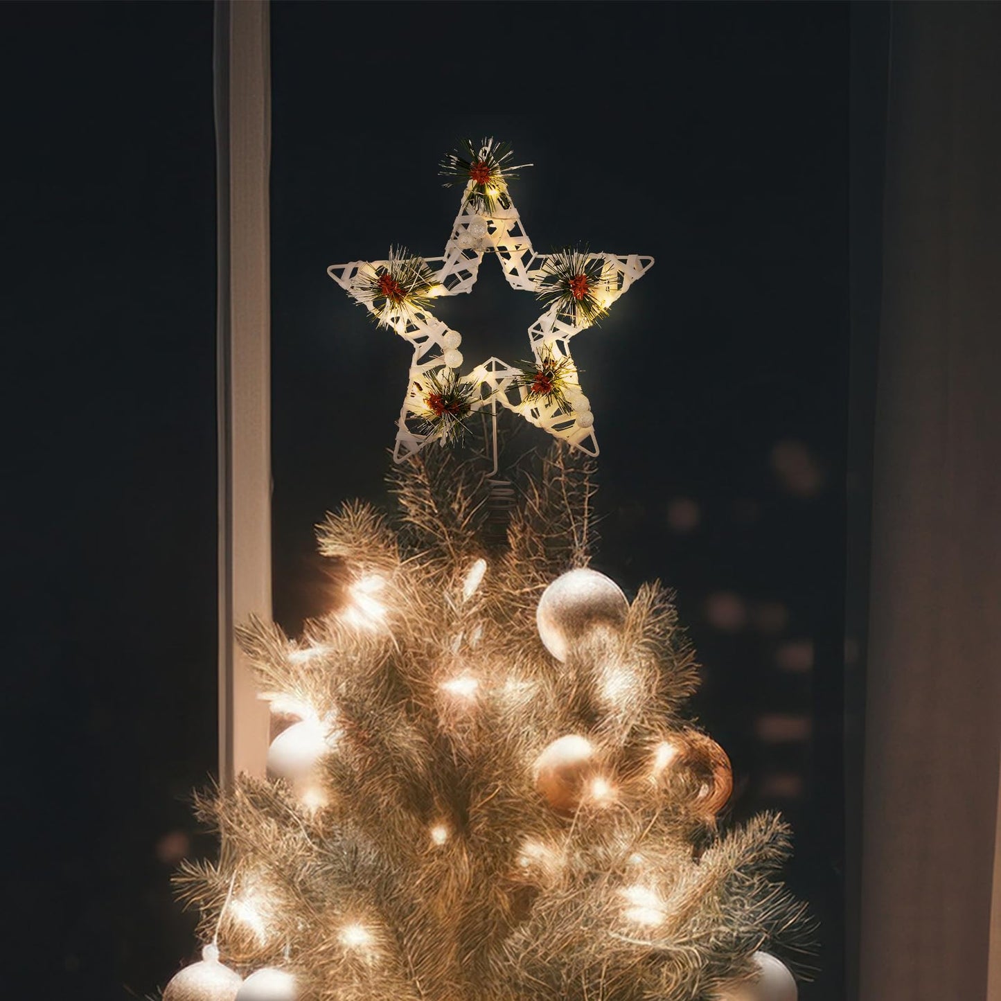 Amyhill White Christmas Star Tree Topper Decor 8 x 11 Inch Farmhouse Rustic Lighted Metal Tree Topper Farmhouse Christmas Ornament for Xmas Holiday Seasonal Decorations