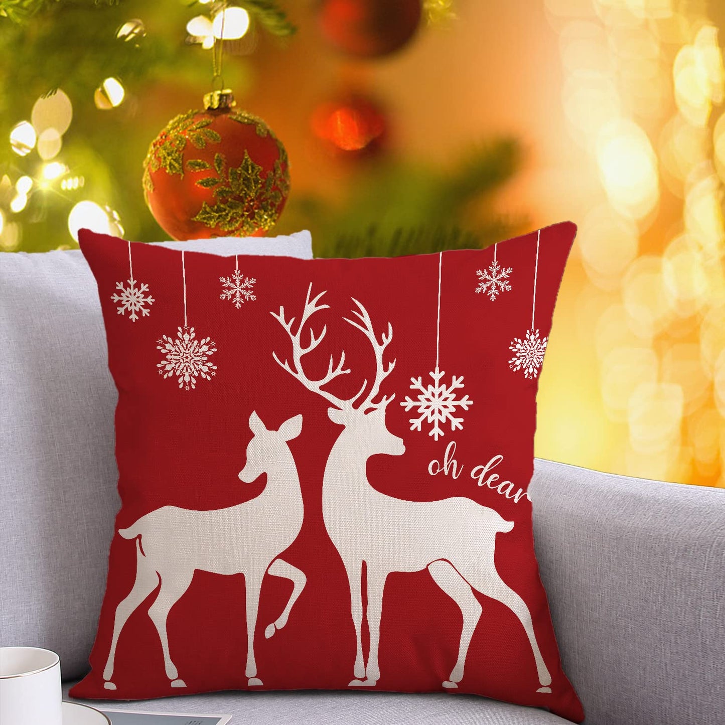 Coeufuedy Red Christmas Pillow Covers - 18x18 Inch Set of 4 Snowflake Trees & Deer Decorative Cushions for Home & Sofa