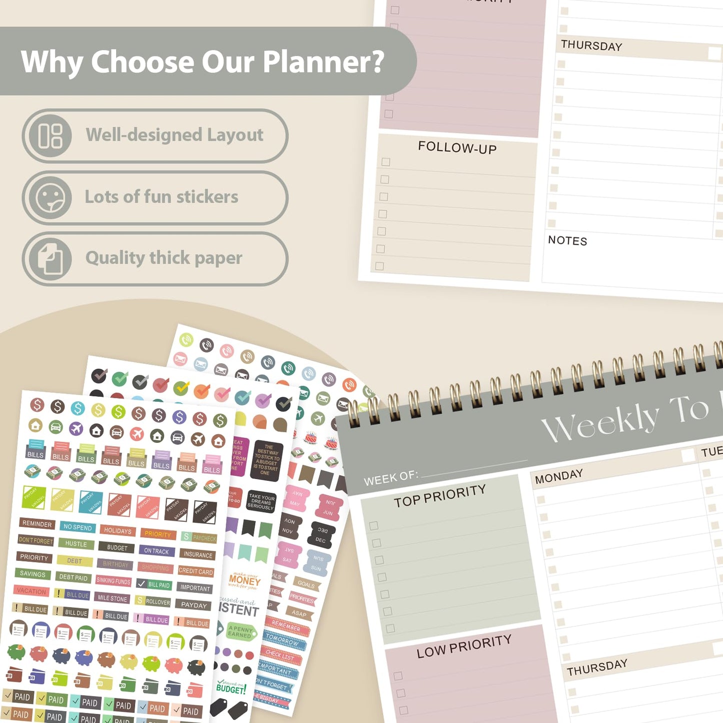 Weekly To Do List Notepad, Undated Planner with 52 Sheets (8.5''x11''), Desk Weekly Planner for Women & Man, Home School & Work