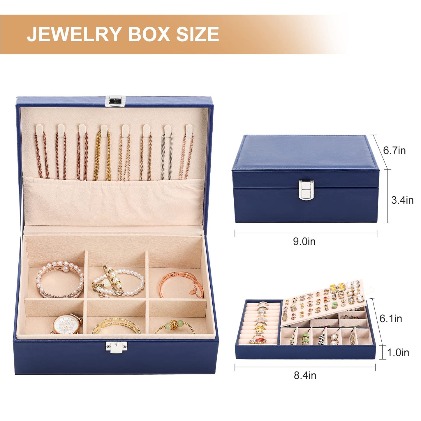Jewelry Organizer Box PU Leather Jewelry Box for Girls Womens Earring Organizer Boxes 2 Layer Large Jewelry Storage Case Removable Tray for Necklace Earring Ring with Polishing Cloth and Jewelry Bags
