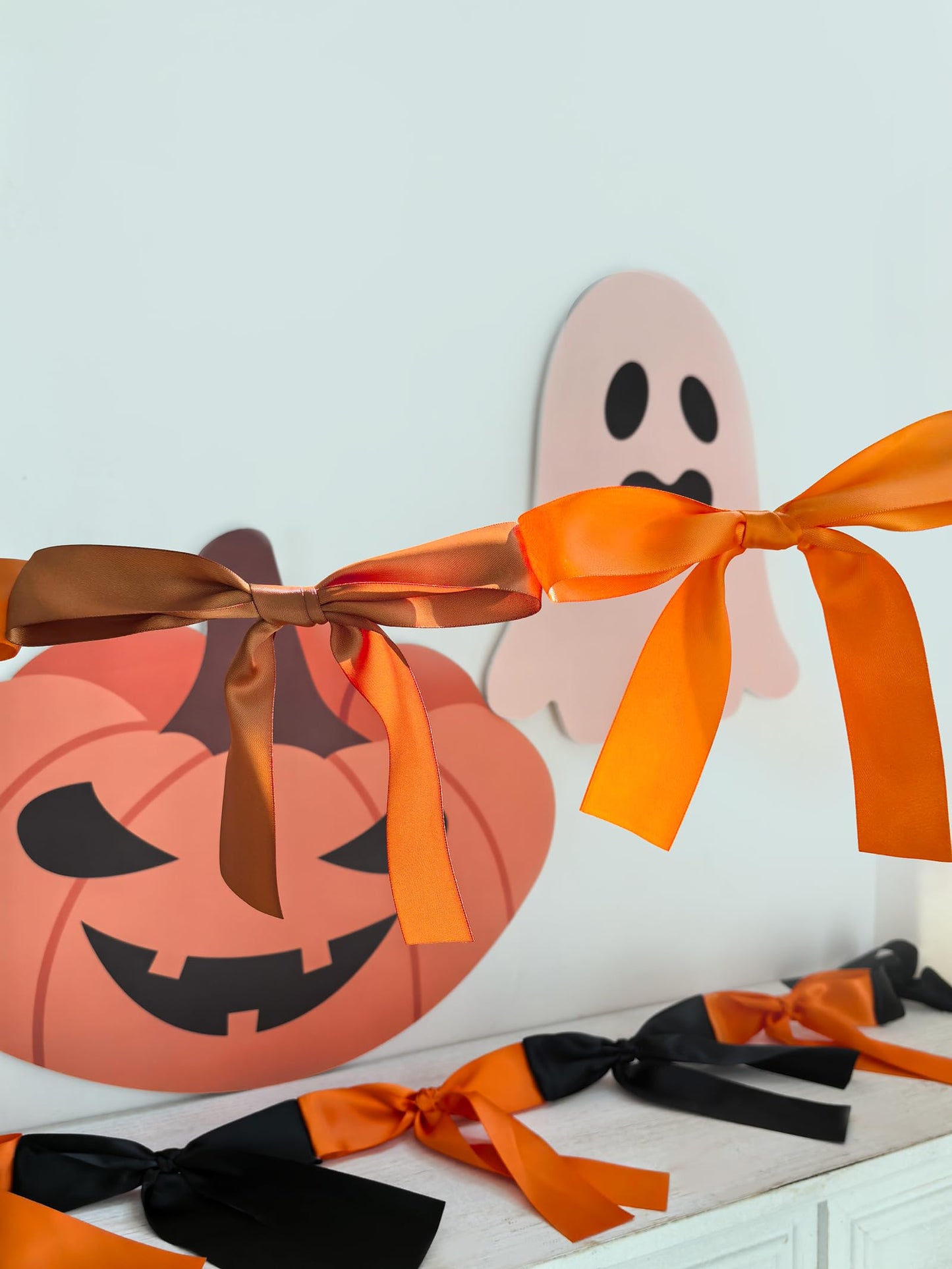 Eanjia Fall Bow Knot Garland | 6ft Linking Satin Bow Banner with 3ft Extend Ribbon for Thanksgiving Party, Autumn Banners Signs, Brown Bed Decor (Orange & Brown, 6ft)