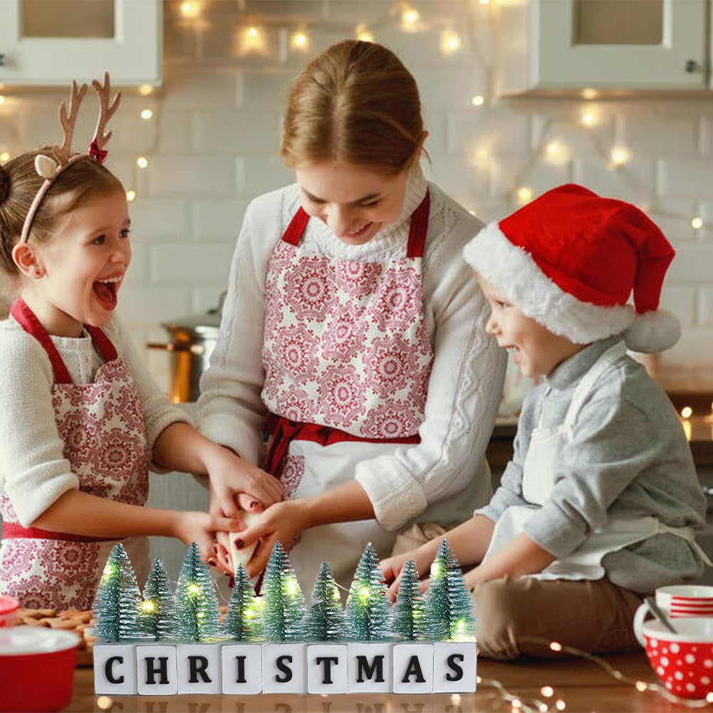 LED Lighted Christmas Tree Tabletop Decoration, Rustic Wooden Christmas Decor with Mini Trees, Xmas Sign Block Table Farmhouse Winter Holiday Centerpiece for Indoor Mantel, Shelf (Green)