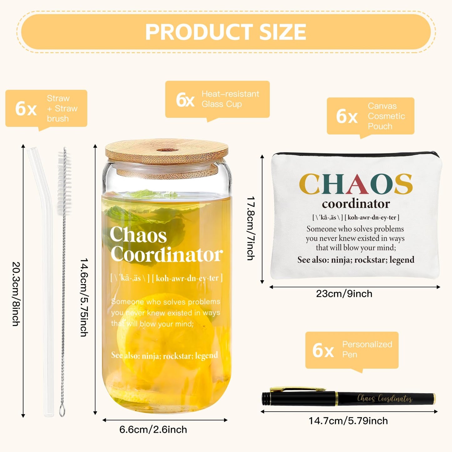 6 Set Employee Appreciation Gifts Bulk, Chaos Coordinator Gifts for Coworker Staff Teacher Nurses, Thank You Glasses Cups 16 oz Can Shaped Beer Glass Makeup Bag Ballpoint Pen for Women Men