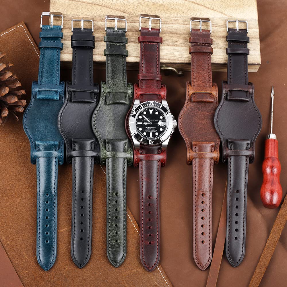 Onthelevel Leather Cuff Watch Strap 18mm 19mm 20mm 21mm 22mm Vintage Genuine Leather Bund Watch Band with Mat for Men