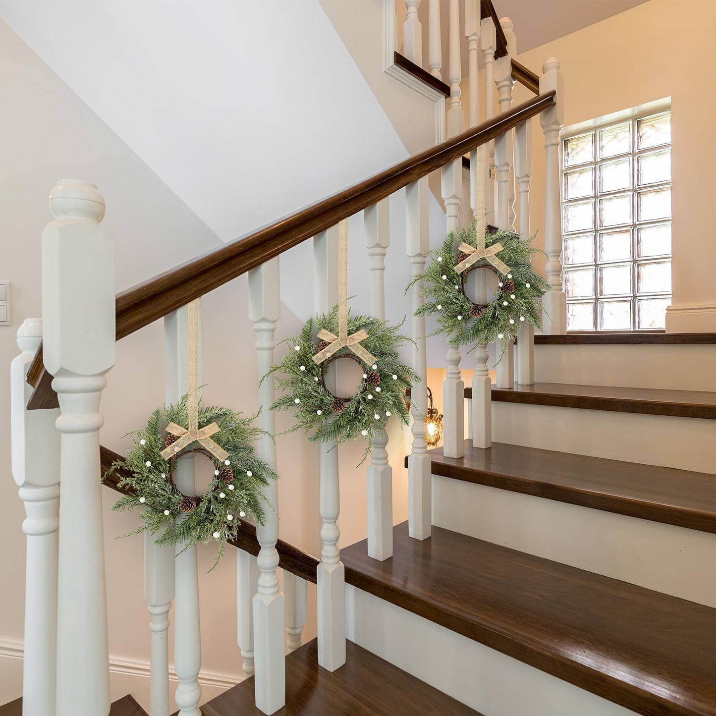 6 PCS Christmas Wreath Christmas Kitchen Cabinet Wreaths with Burlap Ribbon Mini Wreath Pine Garland Frosted Cedar Pine Cone Hanging Garlands Candle Rings for Front Door Window Chair Wall