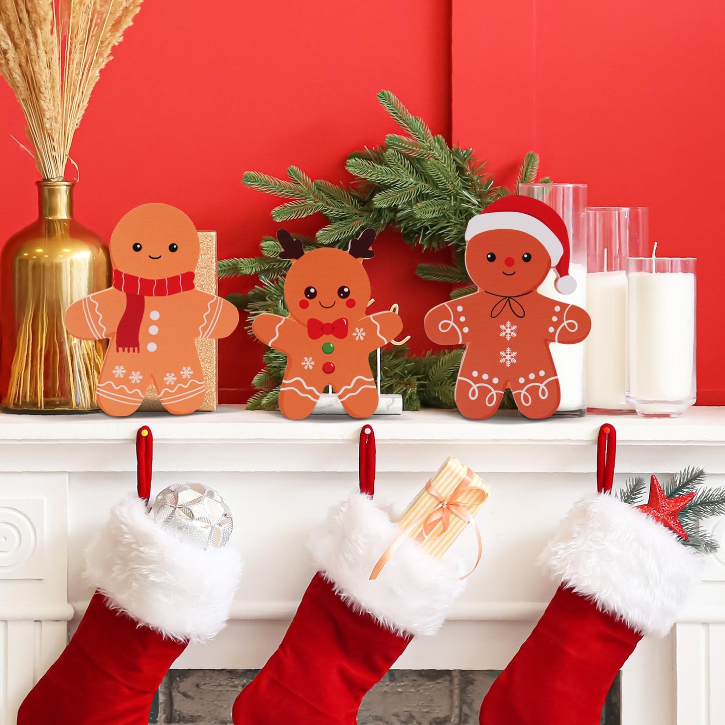 COCHIE Gingerbread Man Christmas Decorations Indoor, Tiered Tray Decor Set of 3, Wooden Gingerbread Blocks Xmas Table Decoration for Party, Home, Office, Shelf, Door (2024)