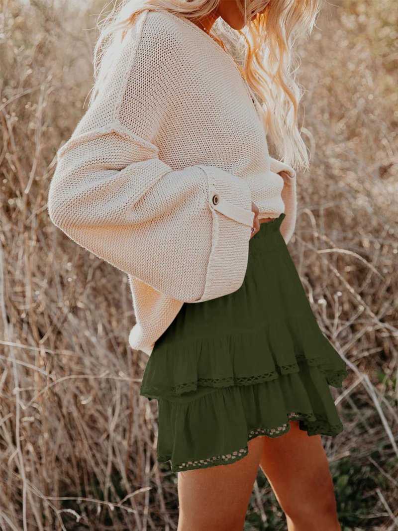 Aoudery Flowy Shorts for Women Casual Boho Ruffle Tiered Skorts High Waist Mini Skirts Golf Tennis Butterfly Crochet Shorts - Oliver Green M