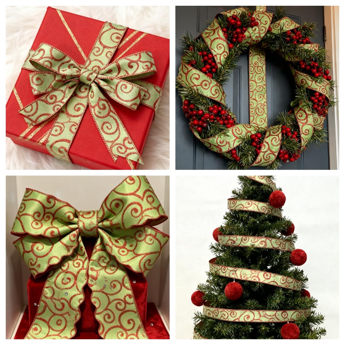 Meseey Red Green Christmas Tree Wired Ribbon 2.5 Inch x Total 30 Yards Funny Cartoon Character Gift Wrapping Ribbon Decorative Ribbons for Xmas Tree Wreath Bows DIY Craft Decoration