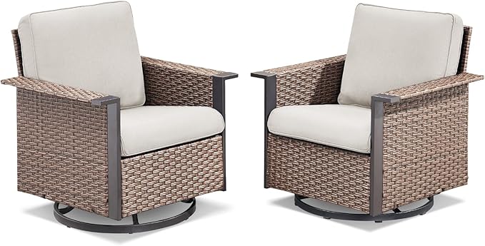 Patio Wicker Chairs Swivel Rocker-Outdoor Swivel Rocking Patio Chairs Set of 2,Wide Armrest Wicker Chair Outdoor Patio Furniture Set with Covered Cushions for Porch Balcony Patio Deck Brown/Beige