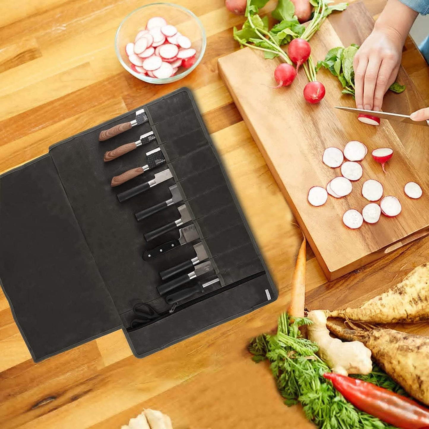 HERSENT Chef’s Knife Roll Bag,Waxed Canvas Knife Cultery Carrier,Portable Chef Knife Cases,Knife Pouch Holders With 10 Slots Plus 1 Zipper Pockets Can Hold Home Kitchen Knife Tools Up To 18.8”