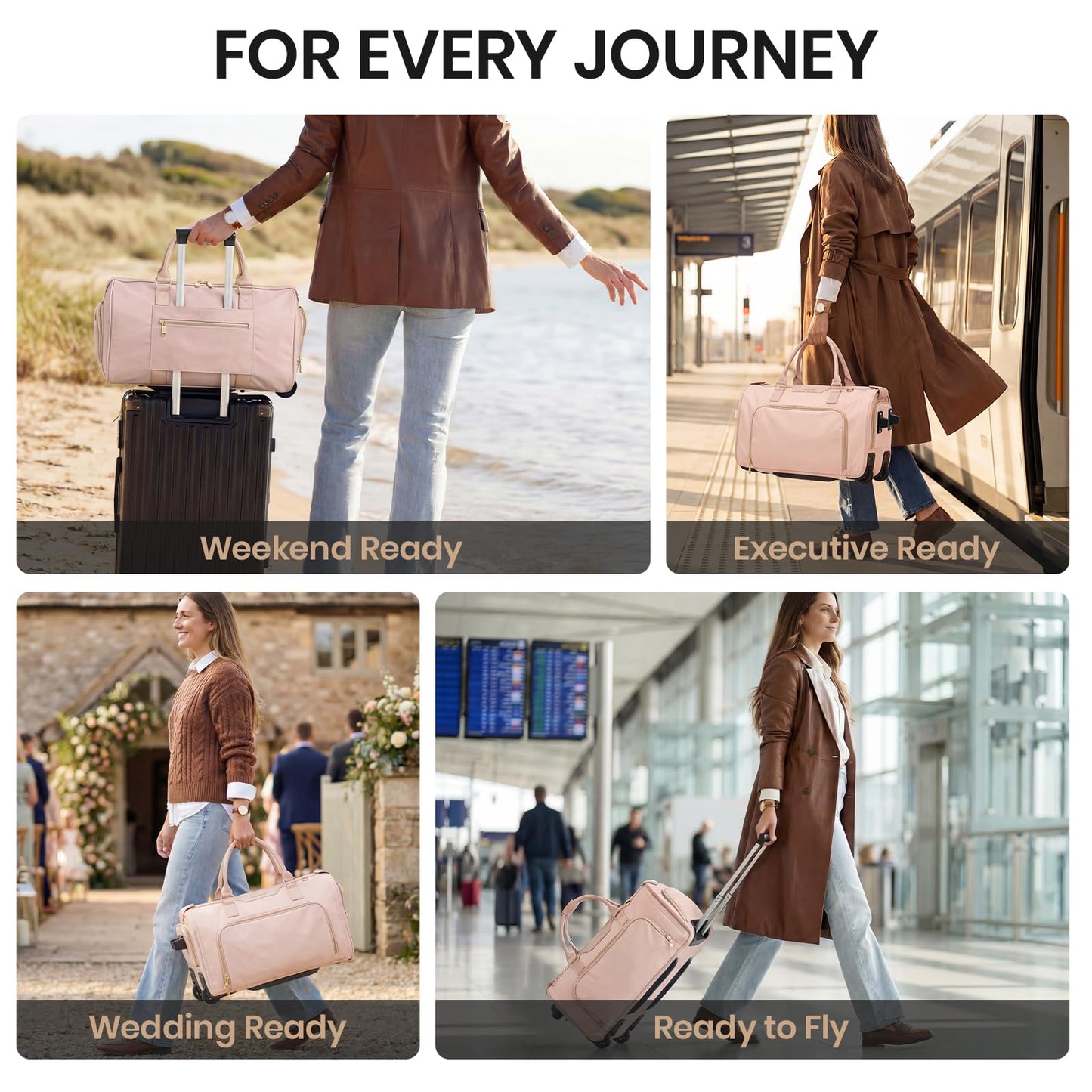 Fanwoli Carry-On Rolling Garment Bag for Travel, 3-in-1 Wheeled Luggage with Shoe Storage & Detachable Organizer, Convertible Duffel Bag for Men Women Business Trips Weekender, Wrinkle-Free (Pink)