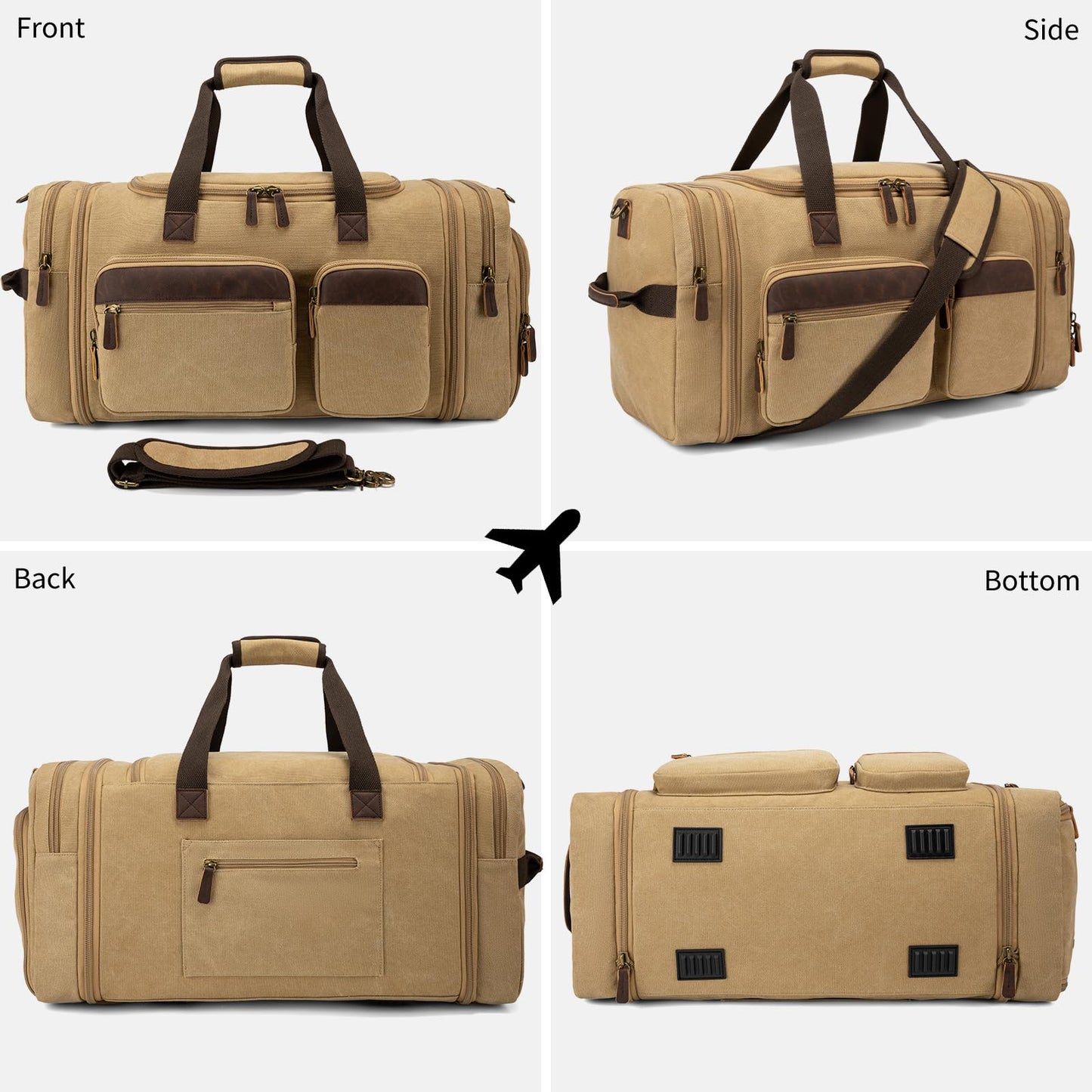 Mens Duffle Bag for Travel 60L Expandable Canvas Weekender Overnight Travel Duffel Bag with Shoe Compartment Carry-On for Airplanes Khaki