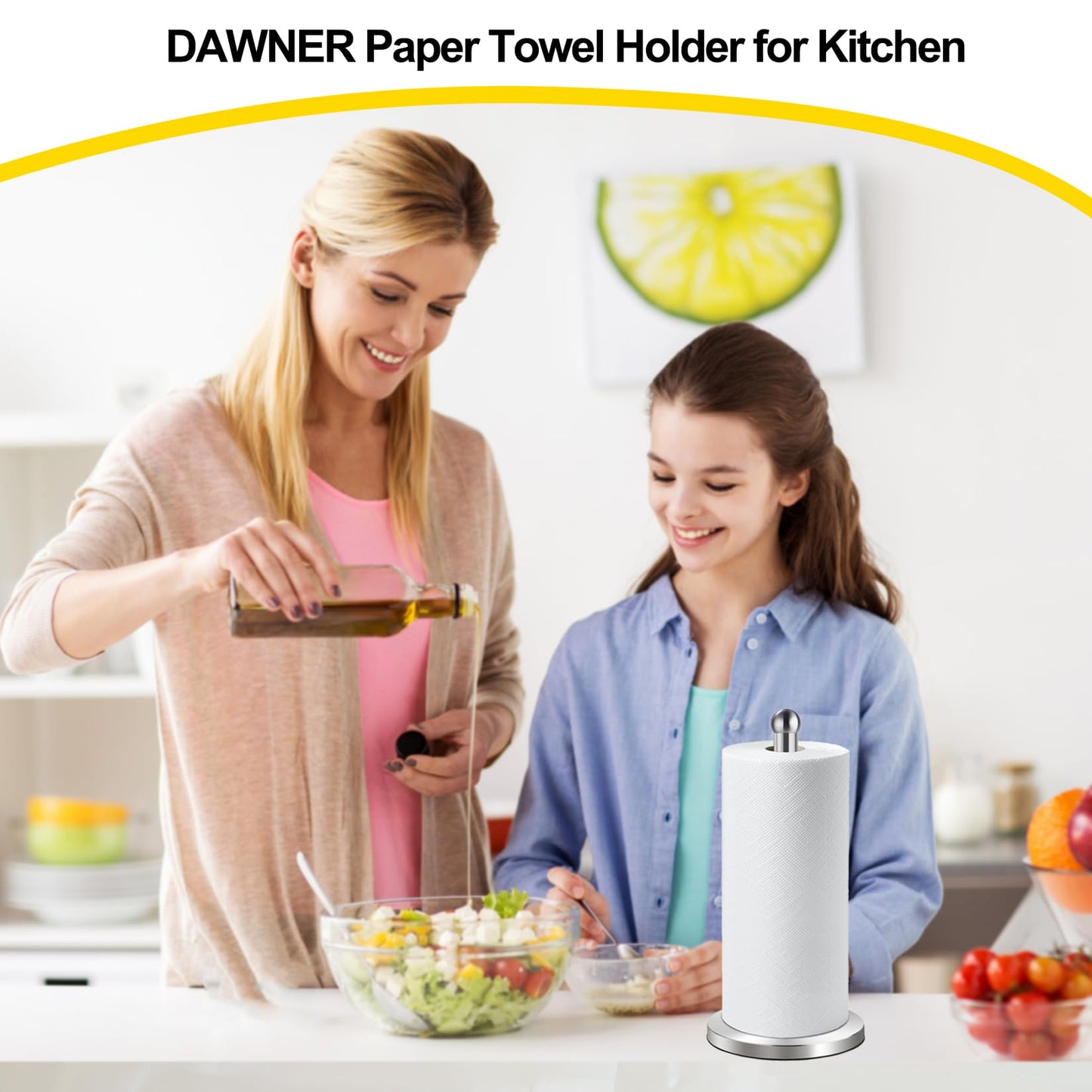 DAWNER Paper Towel Holder Countertop, Freestanding Kitchen Paper Holder Stand, One-Handed Tear, Stainless Steel, Paper Towel Dispenser with Weighted Base for Standard Towel Rolls, Brushed Nickel
