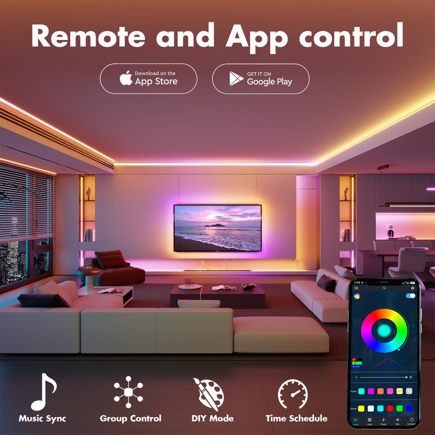 ATHONO Led Lights for Bedroom 200FT Smart IC+RGB, Music Sync Color Changing Strip Lights, 24Key Remote+App Control Light Strip for BedHead,Underbed,Ceiling,Background Wall(2Rolls of 100FT)