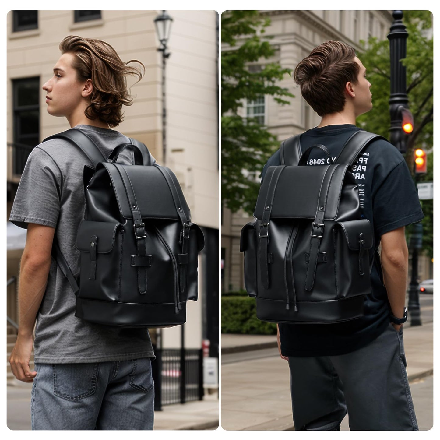 MATE ELAN Leather Backpack Waterproof Fit 15.6 Inch Laptop Vintage Drawstring Design Large Capacity Travel Sports Outdoor Casual Black Men Women College Backpack