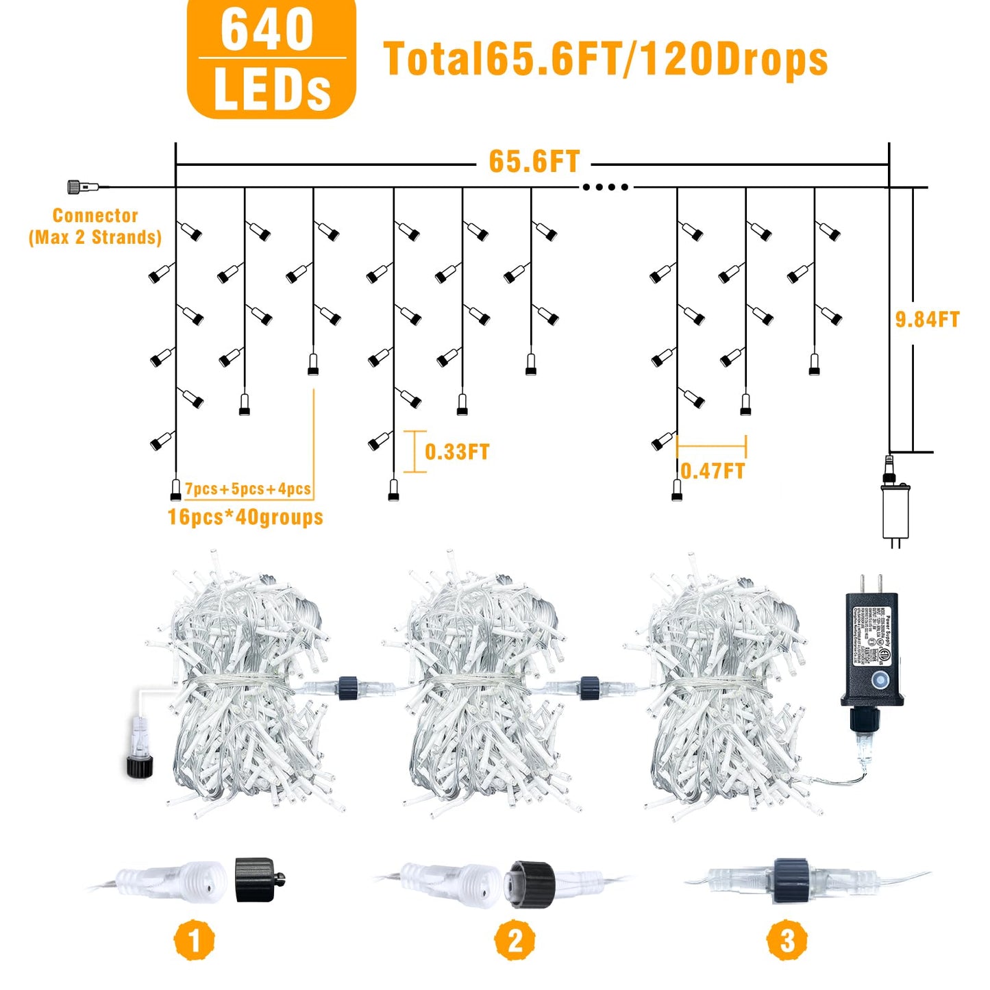 66ft Icicle Lights for Outside, Red and Green Christmas Lights Outdoor Indoor, 640 LED Twinkle String Lights with 120 Drops, Clear Wire Short Curtain Light for Thanksgiving Room Home Wall Bedroom